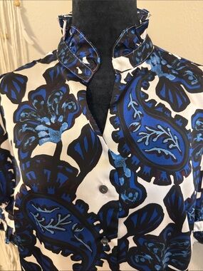 Ann Taylor Blue and White Paisley-Print Button Front Blouse